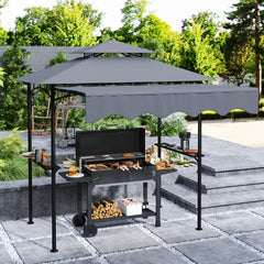 8' x 7.6' Outdoor Grill Gazebo, Barbecue Gazebo Shelter with Side Awning, 2 Side Shelves and 6 Hooks, Dark Gray