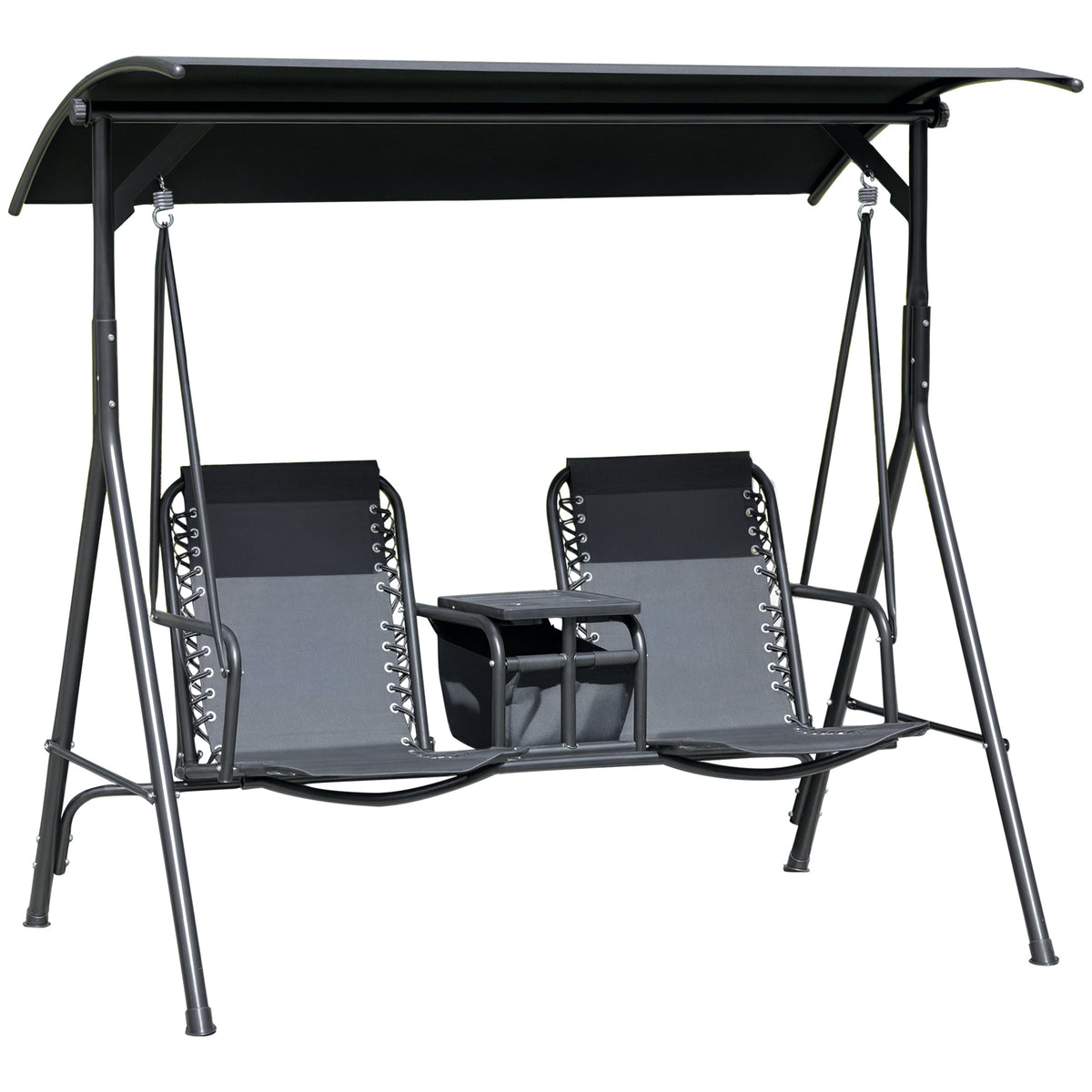 2 Person Porch Swing with Canopy, Storage Table, Cup Holder, Black