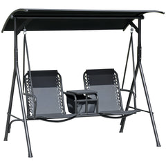 2 Person Porch Swing with Canopy, Storage Table, Cup Holder, Black