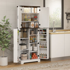64" Tall Kitchen Pantry Cabinet with Motion Sensor Light, Spice Racks and Adjustable Shelves, White