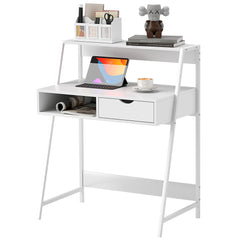 Home Office desk, Computer Desk for Small Spaces, Study Table with Drawer and Storage Shelves, White