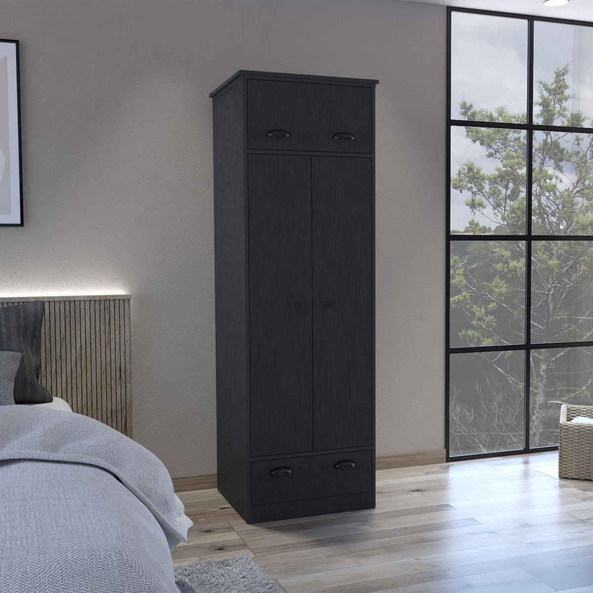 Haven Armoire with 1 Drawer and 1 Hinged Drawer with Handles Black