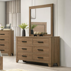 Dresser W Mirror Walnut Color Six Drawers Black Bar Pulls Transitional Style Bedroom Wooden