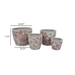 Epic Accent Planter Pot Set of 4, Pink Floral Pattern, White Ceramic