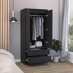Aria 2 Drawers Armoire, Double Door, Hanging Rod -Black