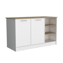 Archive Kitchen Island, Three Open Shelves, Two Cabinets White - Natural Oak