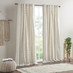 Cotton Printed Curtain Panel with Chenille Stripe and Lining Ivory 50x84"