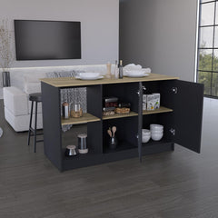 Kitchen Island with Large Countertop, Open Storage Shelves and Double Door Cabinet, Black / Macadamia