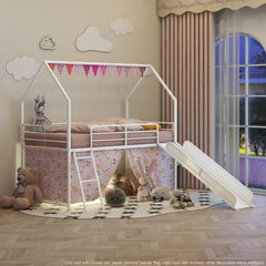 Agamemnon Metal Junior House Twin Loft Bed with Slide and Curtain Set and Pennant Banner Flag and Star Stickers, White with Pink