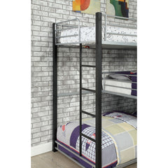 Unique Triple Twin Decker Bed Contemporary Style Full Metal Construction Two Ladders And Guard Rails sand Black Finish