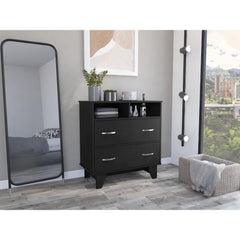 Armageddon Two Drawer Dresser, Two Open Shelves, Superior Top, Four Legs -Black