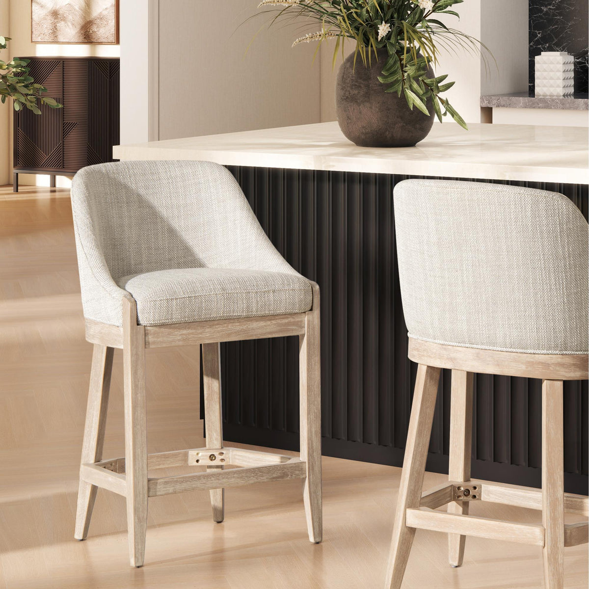 Summit 26.5" Coastal Curved Back Upholstered Counter Stool, Two-Tone Neutral Gray Polyester Wool Blend