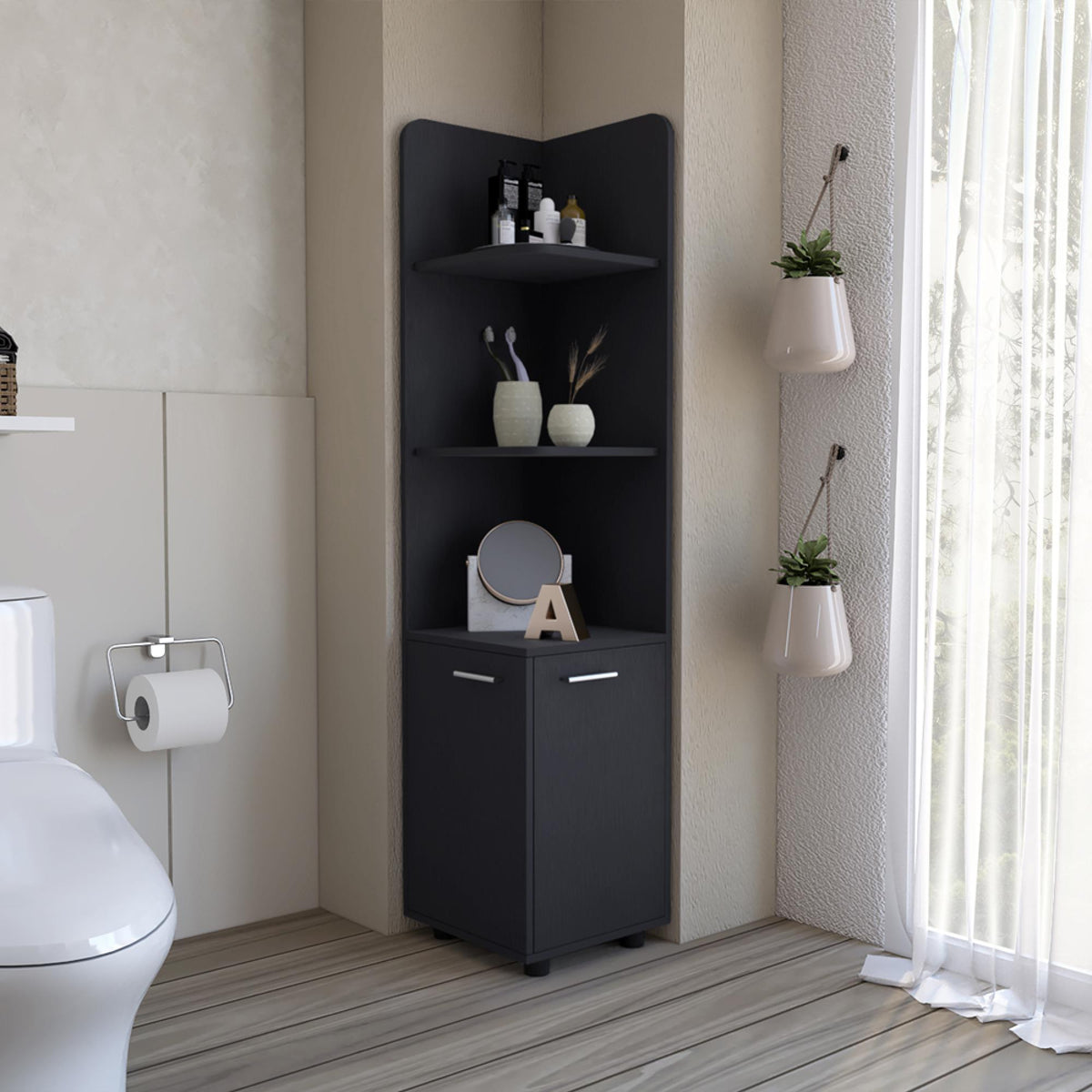 Nova 62" Tall Double Door Corner Linen Cabinet with Four Shelves Black