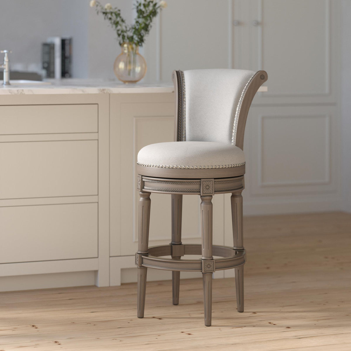 Story Wood Bar-Height Swivel Barstool with High-Back, Weathered Gray, 1PC