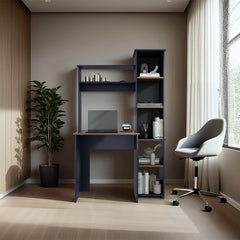 Valhalla Writing Desk, Modern Studio or Office Desk, Two Superior Shelves, And Five Side Open Shleves For Books Organization, Navy Blue