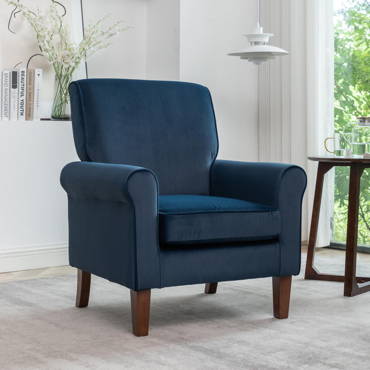 Traditional Rolled Arm Armchair, Solid Birch Wood Frame with Tapered Brown Legs, Polyester Blend Printed Cloth Upholstered Chair with Foam Filled Seat for Living Room Office