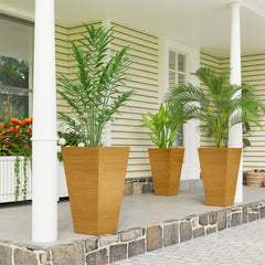 Set of 3 Tall Planters, 28" Outdoor Planter w/ Drainage Holes, Faux Wood Plastic Flower Pots, Light Brown