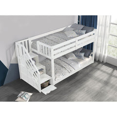 Transitional Style Twin Over Twin Low Bunk Bed Reversible Storage Drawers Staircase White Finish Mattress Ready Bedroom Furniture
