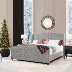 Helen Upholstered Shelter Headboard Bed Set, King, Silver Grey Polyester