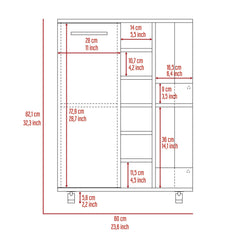 Bar Cart, Two External Shelves, Four Casters, Six Built-in Wine Rack, Single Door Cabinet -White