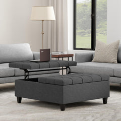 Aeneas 40 inch Wide Large Square Coffee Table Storage Ottoman in Slate Grey Linen Look Fabric