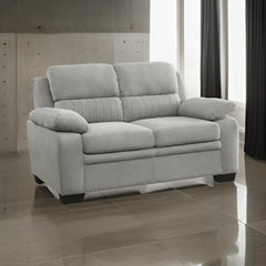 Aeneas 58 Inch Loveseat, Gray Polyester, Soft Foam Cushioned, Solid Wood