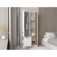 Rhea Armoire with One Door for Interior Storage with Hanging Rod, 4 Open Shelves and, One Drawer, Freestanding Wardrobe