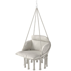 Hammock Swing Chair, Macrame Hanging Chair with Large Cushion, Chain, Steel Frame for Indoor Outdoor Use, Cream White