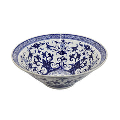 Valhalla 16 Inch Decorative Bowl, Ceramic, Floral Design, Blue and White
