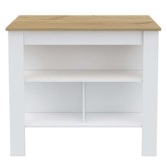 Kitchen Island, kitchen table 35" H, Four Legs, Three Open Storage  Shelves, White / Light Oak