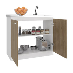 Pulsar Utility Sink with Faucet Inclued and Integrated Stainless Steel Counter top, Freestanding cabinet with two doors, Metal Handles and Two interior shelves, Natural+White