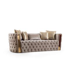 Revelation Button Tufted Sofa with Velvet Fabric and Gold Accent in Taupe