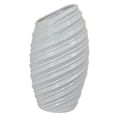 Dionysus Tall Modern Vase, Angled Spiral Design, White Ceramic 17 Inch