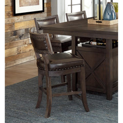 Rustic Aesthetic Dark Cherry Finish Counter Height Chair Set of 2 Wood Framed Nailhead Trim Faux Leather Upholstered Seat Kitchen Dining Room Furniture