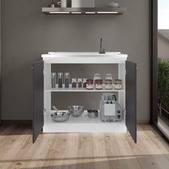 Pulsar Utility Sink with Faucet Inclued and Integrated Stainless Steel Counter top, Freestanding cabinet with two doors, Metal Handles and Two interior shelves, Black & White Print