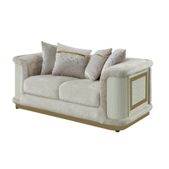 Asgard Contemporary Style Loveseat with rich beige color fabric, gold-accented framing, and distinctive diamond-pattern panels