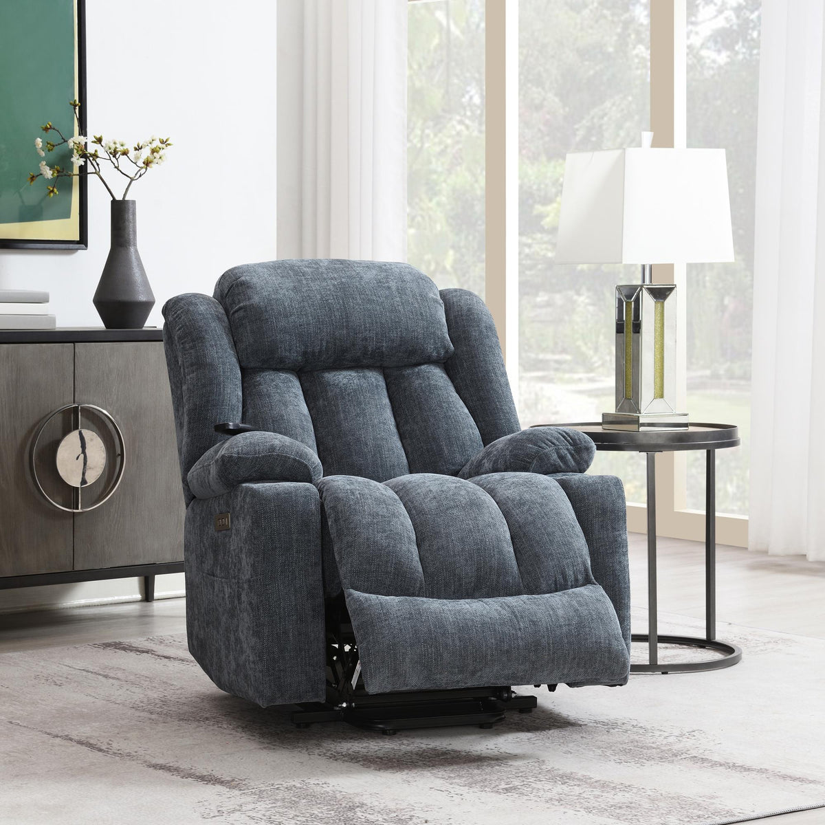 Aura Blue Chenille Power Motion Recliner with Lift, Heating & Massage Function