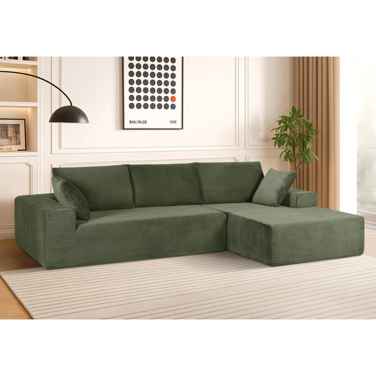 Moon Convertible Sectional Sofa in Soft Corduroy, Modern Comfy Couch with Full Foam Cushioning, Cozy Sleeper Sectional for Living Room, Bedroom, No Assembly Required, Dark Green - Right Facing
