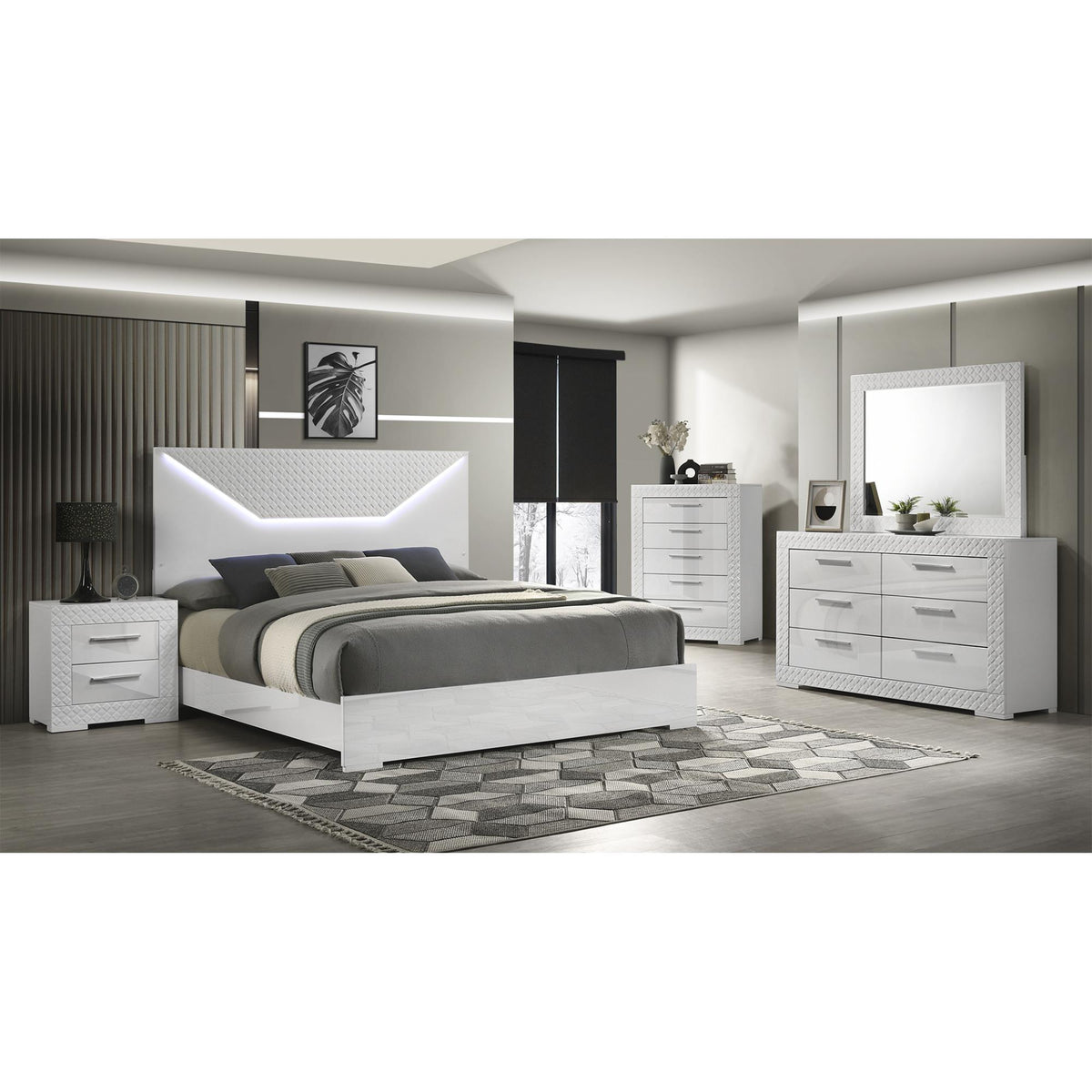 Galaxy Modern Style 5 Pc Queen Bedroom Set with LED Headboard Made with Wood in White