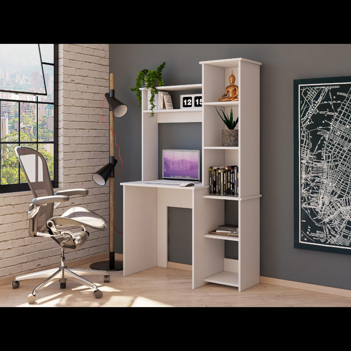 Desk, Five Shelves, Two Superior Shelves, White