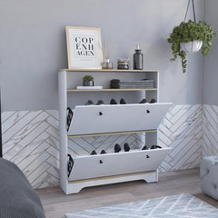Saturn Rack 46" H, One Open Storage Shelf, Two Internal Storage Drawers, Two Doors, Light Oak / White