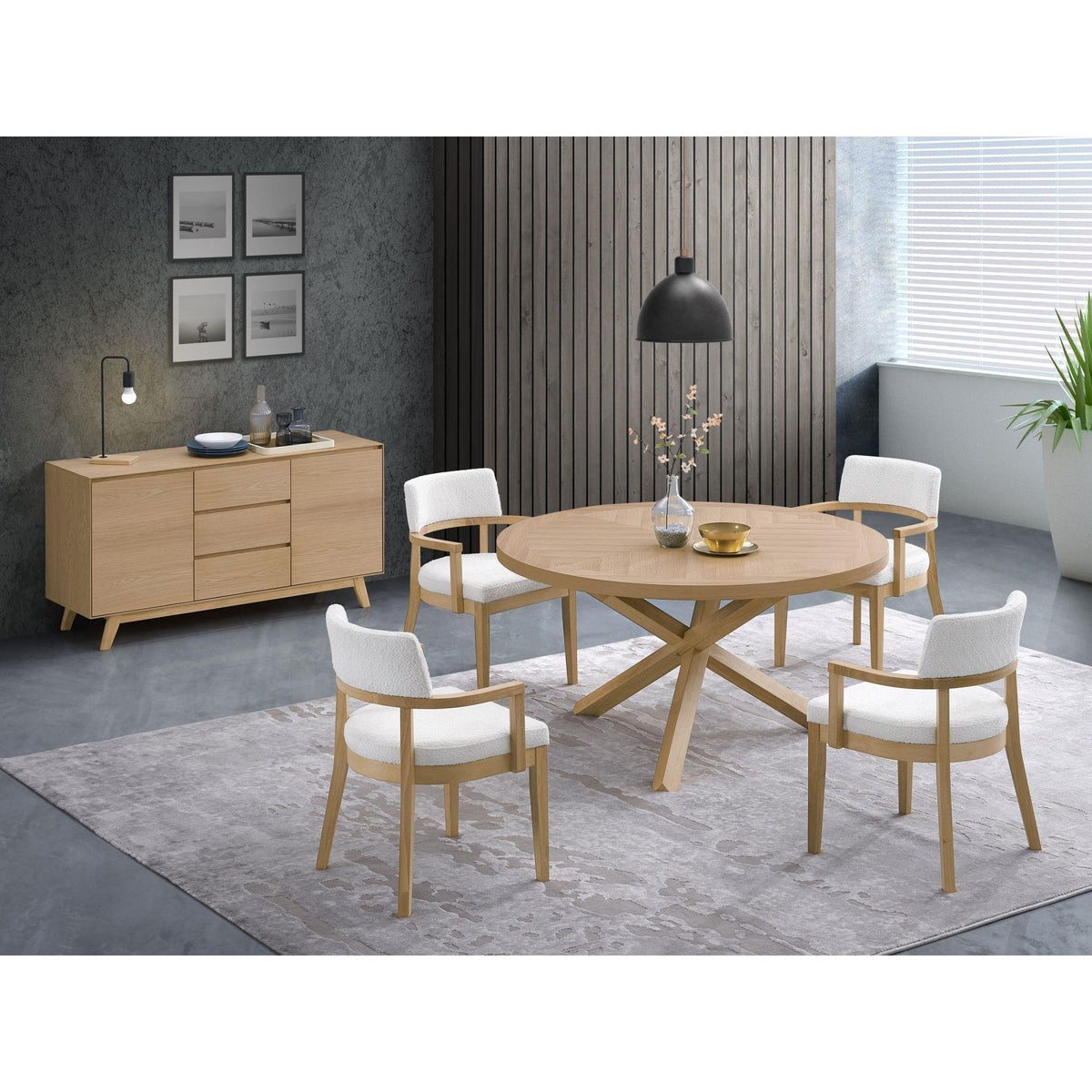Dionysus 5 pieces Oak Finish Round Dining Table w/Matching Chair Dining Room Set