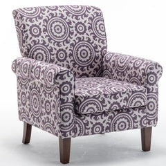 Traditional Rolled Arm Armchair, Solid Birch Wood Frame with Tapered Brown Legs, Polyester Blend Printed Cloth Upholstered Chair with Foam Filled Seat for Living Room Office