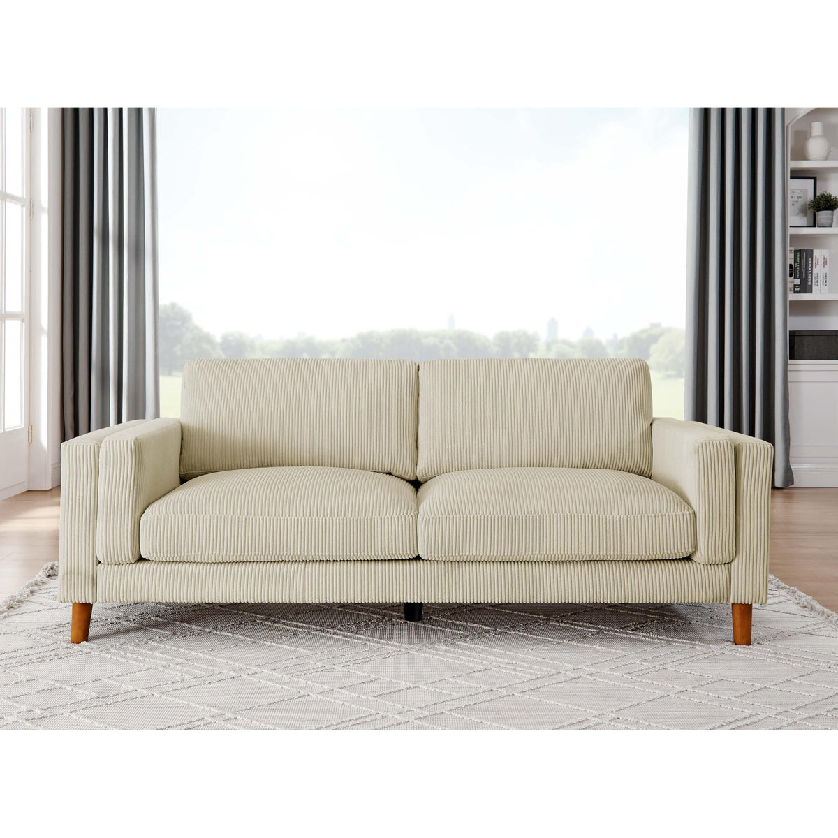 Corduroy Upholstered Square Arm Sofa with Wooden Legs