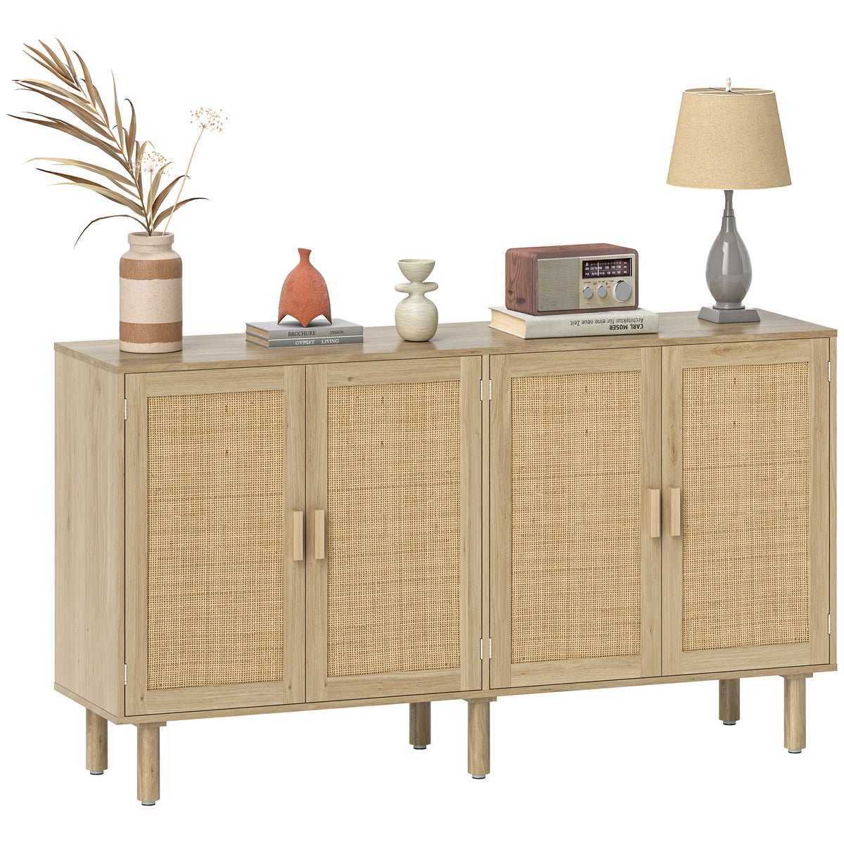 Bohemian Sideboard, 62.2" Buffet Cabinet with 4 Rattan Doors and Shelves for Living Room, Hallway, Natural