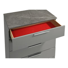 Sonata Chest – Two-Tone High-Gloss Marble & Lacquer Finish with Spacious Drawers and Metal-Finished Legs- Gray