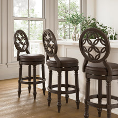 31" Wood Bar Stool with Back and Swivel Upholstered Seat, Distressed Walnut, 1PC