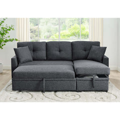 76.5" Linen Blend Upholstered Sectional with Pull-Out Bed and Chaise Storage