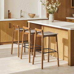 Shangri-La 30" Modern Minimalist Low Back Wood Barstool, Dark Brown Walnut Ash Wood