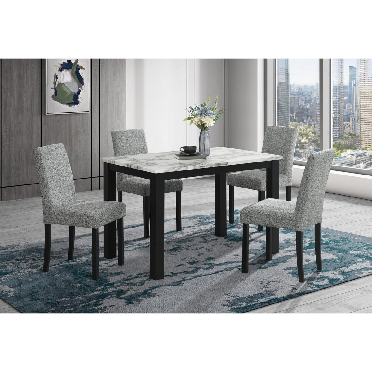 Odyssey White and Black Dining Table and (4) Grey Dining Chairs